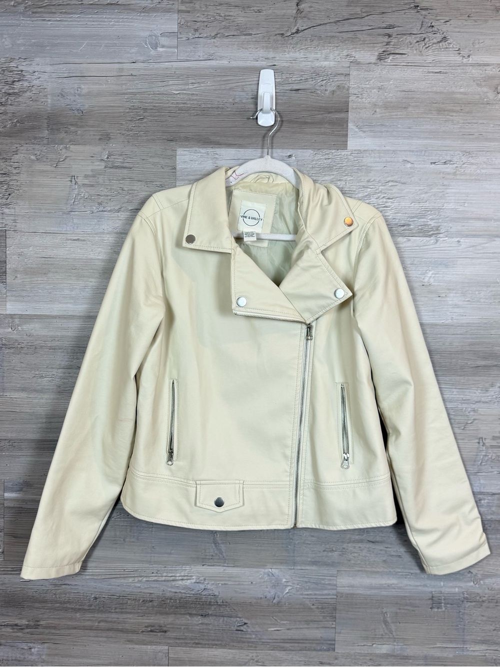 Vine & Valley Faux Leather Moto Jacket Cream Off-White Size Large L Moto Biker